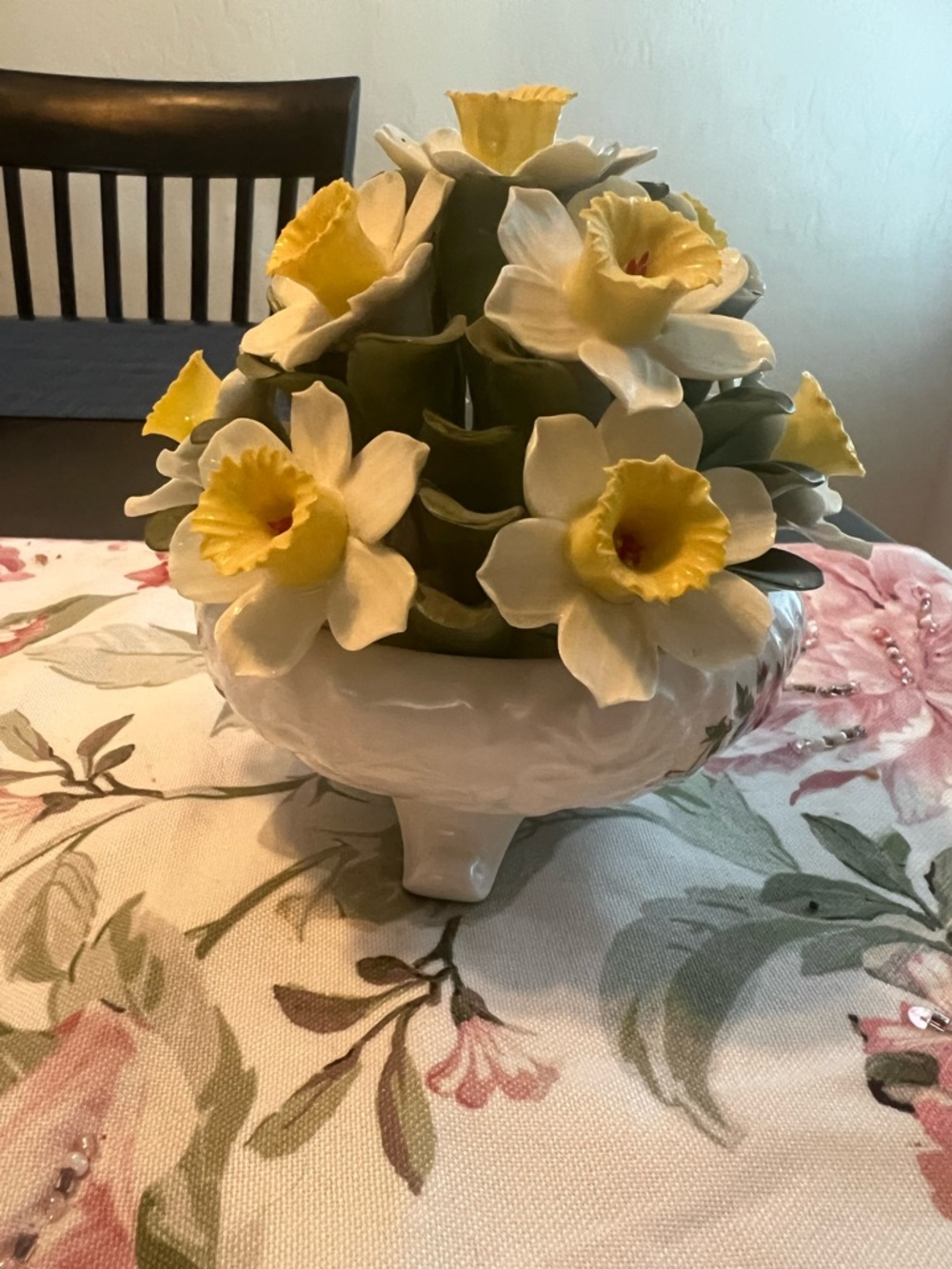 White Ceramic Footed Bowl with Yellow and White Faux Daffodils